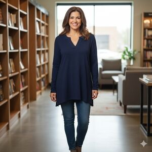 Wilt 100% Cotton Popover Long Sleeve Top Navy Blue M